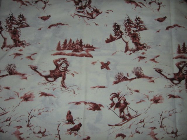 Image 1 of toile winter wonderland tablecloth cotton fabric snowmen, tobaggan, by the yard