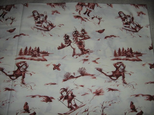 Image 2 of toile winter wonderland tablecloth cotton fabric snowmen, tobaggan, by the yard