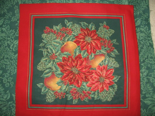 Image 0 of Poinsettias holly pears apples flowers cotton fabric two pillow panel set 