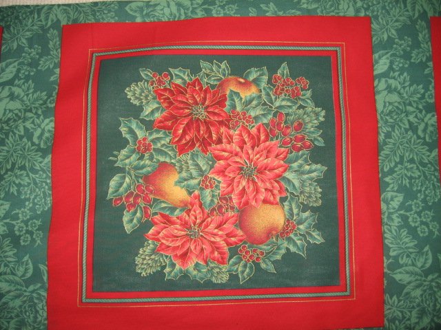 Image 1 of Poinsettias holly pears apples flowers cotton fabric two pillow panel set 