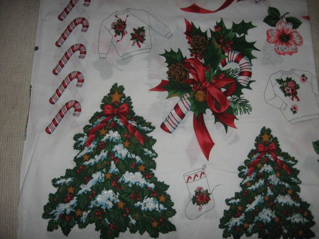Image 1 of candycane pinecone holly bells Christmas cotton fabric appliques two yard piece