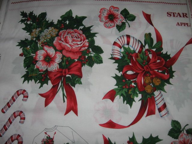 Image 2 of candycane pinecone holly bells Christmas cotton fabric appliques two yard piece