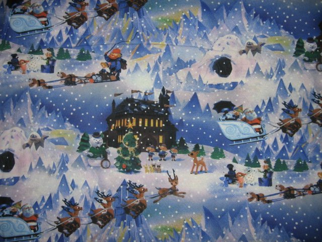 Santa reindeer Rudolph dog sled igloo winter scenes fabric by yard