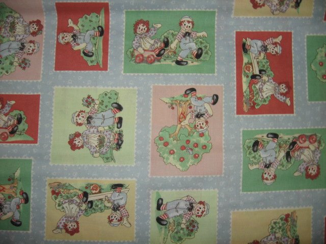 Image 0 of Raggedy Ann Andy flowers I love you 4 inch squares  cotton fabric by the yard