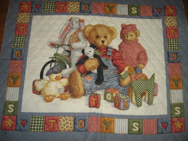 Image 0 of Blue Jean Teddy Bear friends toys blocks Crib Quilt Fabric Panel to sew 