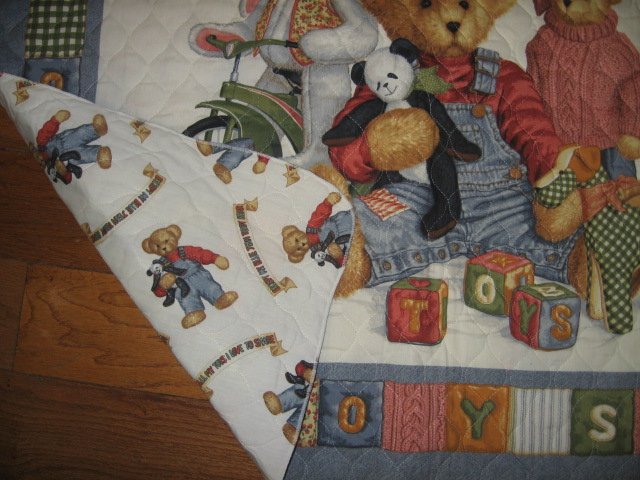 Image 1 of Blue Jean Teddy Bear friends toys blocks Crib Quilt Fabric Panel to sew 