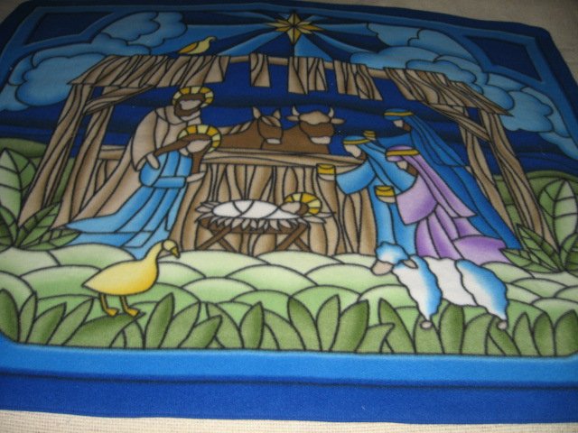 Nativity Manger stained glass look fleece panel blanket 48 in by 60 inch