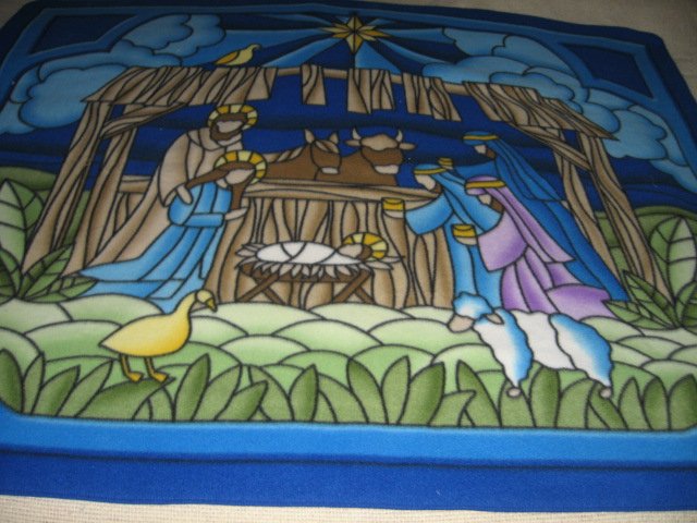 Image 0 of Nativity Manger stained glass look fleece panel blanket 48 in by 60 inch