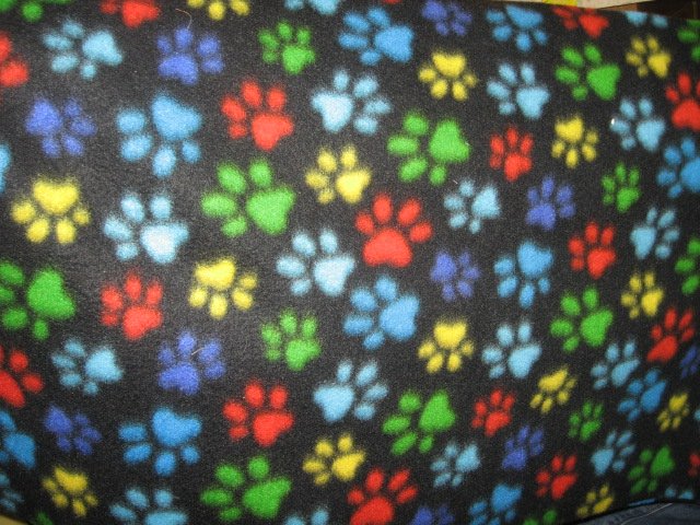 Image 0 of puppy paw prints colorful on small black fleece for pets or young child