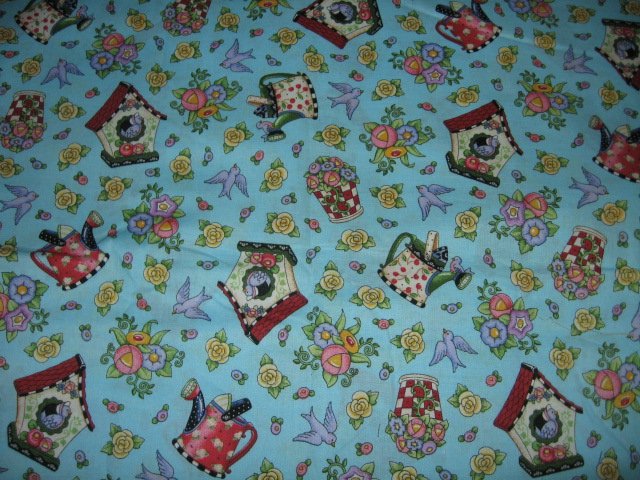 Image 0 of Mary Engelbreit birdhouse watering can flowers cotton fabric by the yard