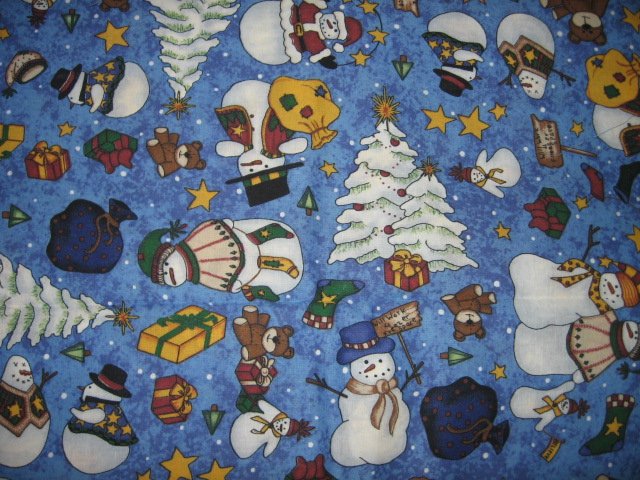 Image 0 of Leslie Beck Snowman Presents Trees Christmas cotton fabric two yard piece 