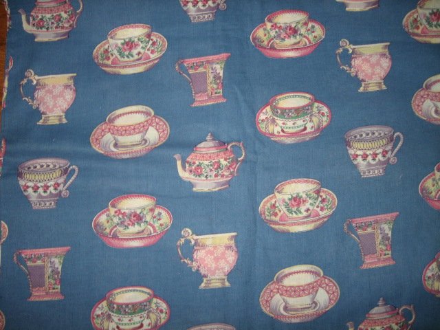 Dishes cups teapot creamers Blue  Fabric by the yard 