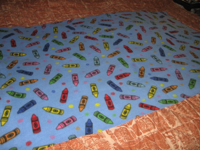 Image 1 of Teacher Gift crayons colors on blue fleece bed blanket  38 inch by 62 inch