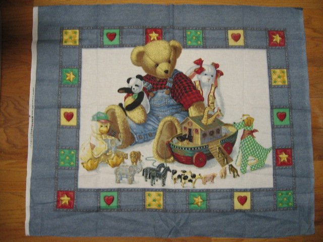 Image 0 of Noah's Ark Crib Quilt Fabric Panel to sew Blue Jean Teddy Bear and his toys 