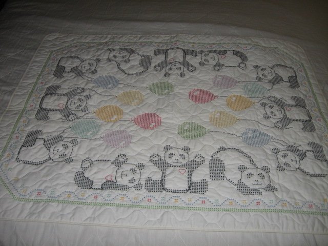 Image 0 of Bear Cat crib quilt Hand embroidered 