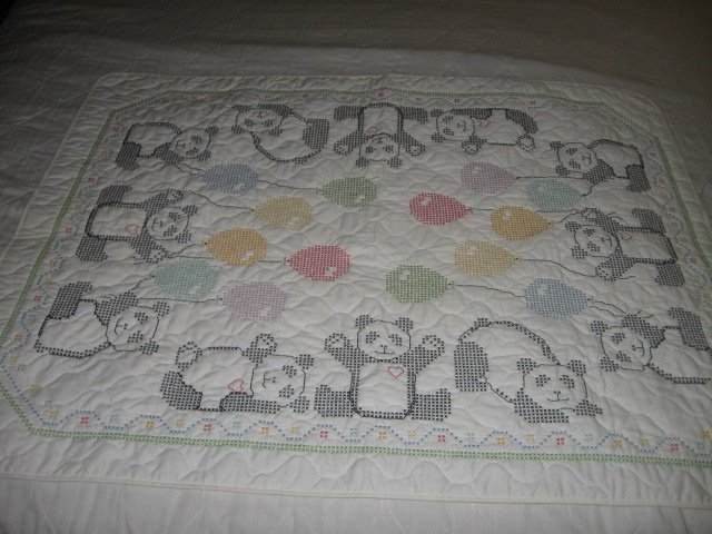 Image 1 of Bear Cat crib quilt Hand embroidered 