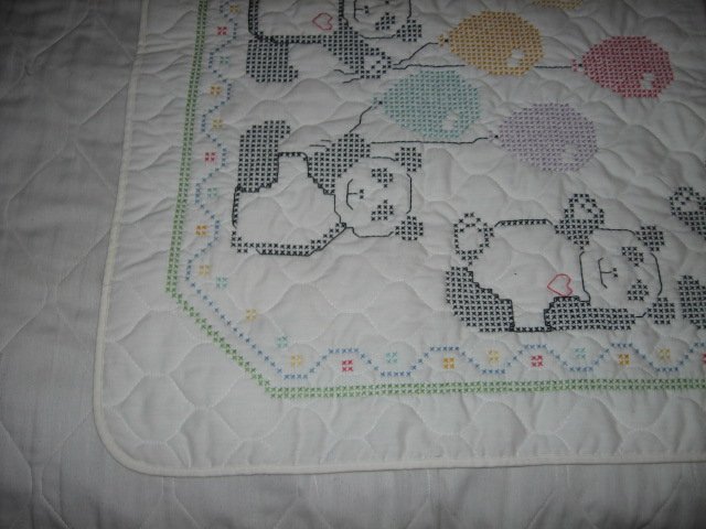 Image 2 of Bear Cat crib quilt Hand embroidered 