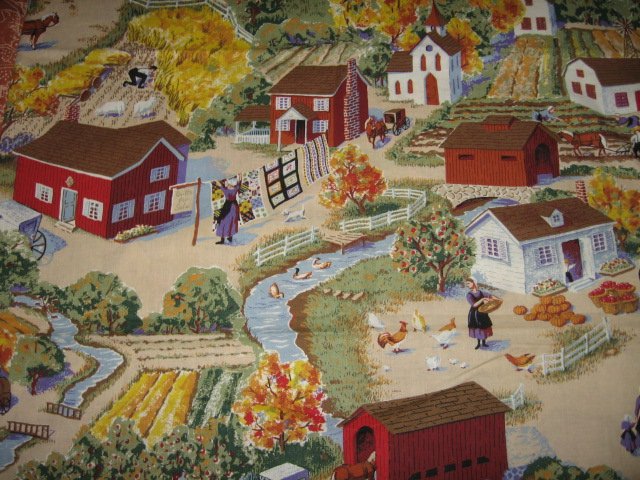 Amish village scene cotton fabric   