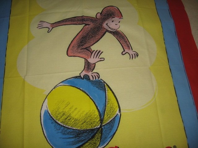 Image 1 of Curious George on Beachball fabric panel blue red border
