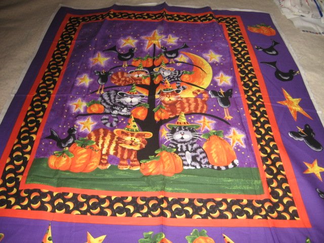 Image 0 of Halloween cats hats crows pumpkins kitty tree fabric wall panel