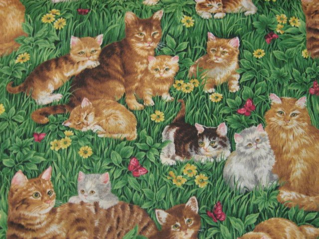 Image 0 of Cats Kittens Feline among grass flowers butterflies Cotton fabric by the yard