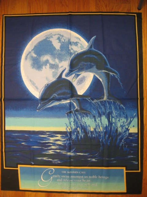 Dolphin in the Ocean with moon and Saying Fabric Wall Panel to sew rare /