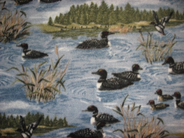 Loons on a Lake with Cattails Islands very rare Fleece fabric blanket