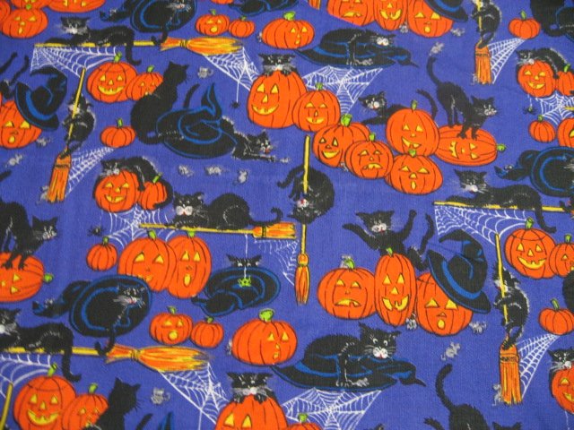 Image 0 of Halloween Cats Mice Pumpkins Spiders Webs Purple Cotton fabric by the yard 