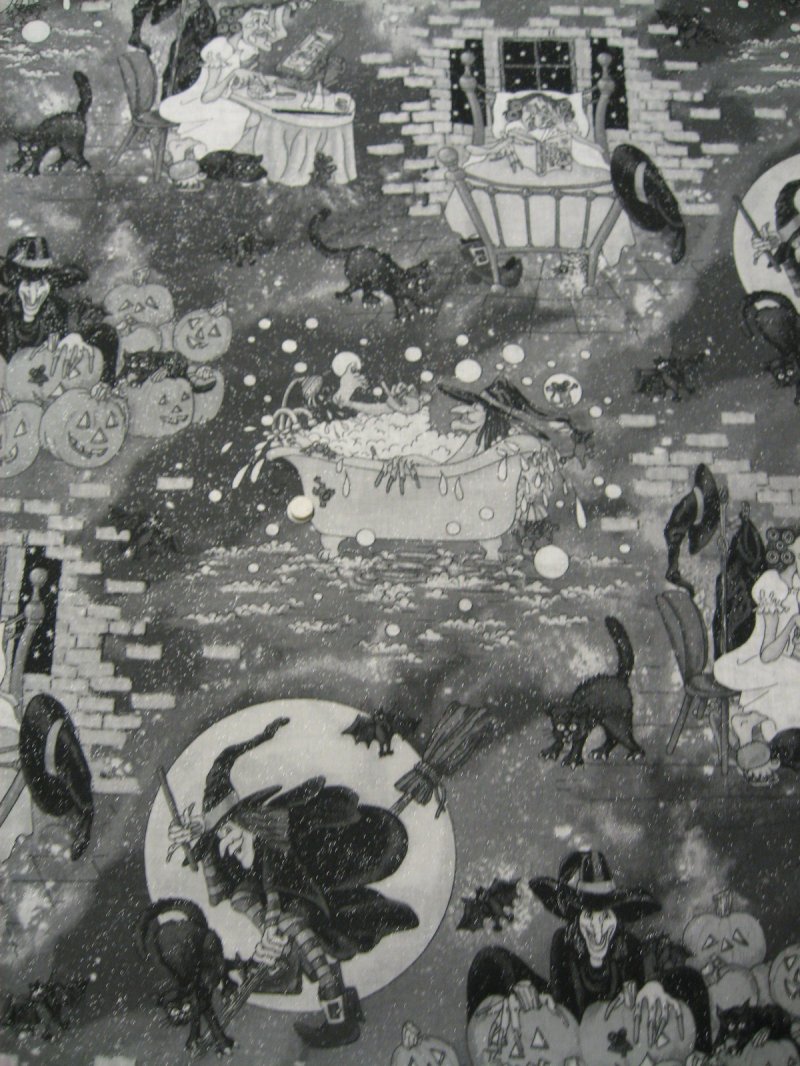 Image 0 of Halloween Cats Bats Witches in Bathtub 1/2 yard Glittery Cotton fabric 22