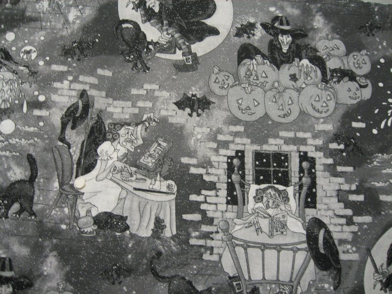 Image 1 of Halloween Cats Bats Witches in Bathtub 1/2 yard Glittery Cotton fabric 22