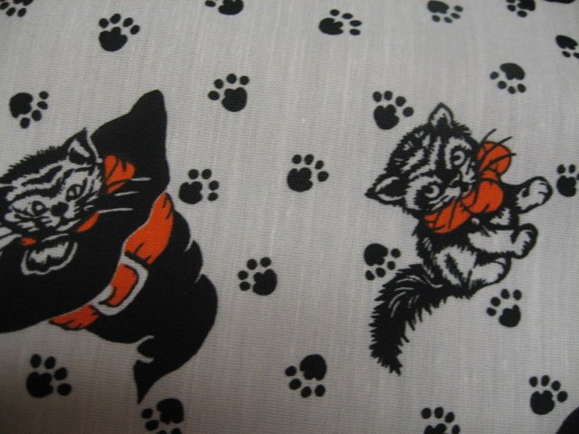 Image 1 of Halloween Cats in witch hats and paw prints White Cotton fabric by the yard