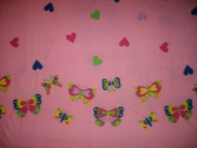 Fleece blanket for  child Light Pink hearts center and butterfly border 