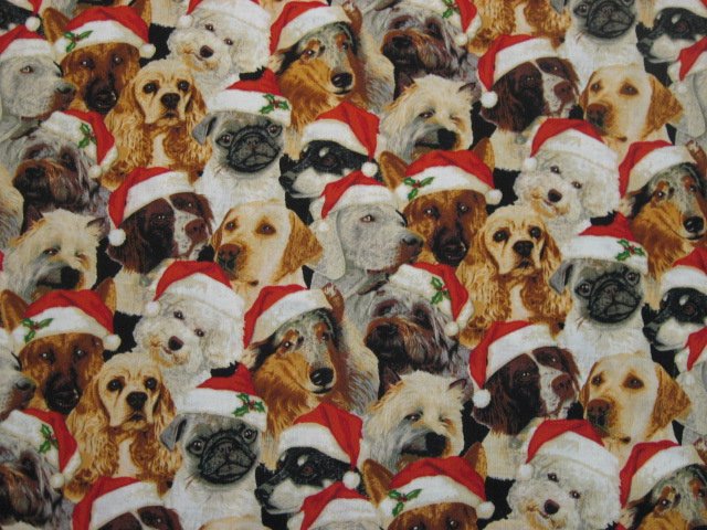 Dogs in Red Christmas hats 100% Cotton Quilt Sewing Fabric by the yard