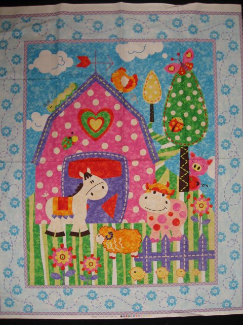 Farm pink Barn Sheep Cow Horse Duck Crib quilt fabric panel to sew
