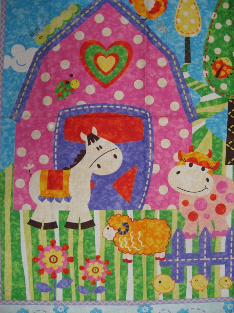 Image 1 of Farm pink Barn Sheep Cow Horse Duck Crib quilt fabric panel to sew