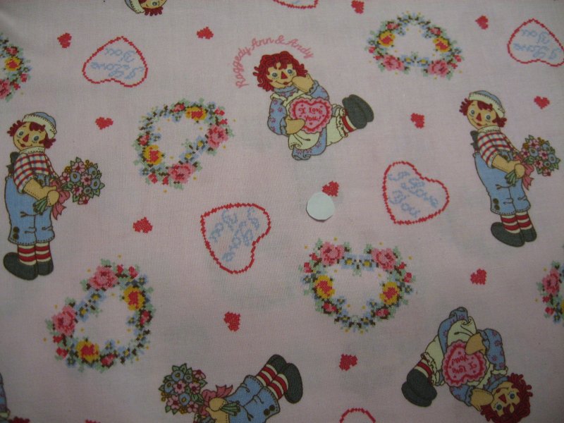 Image 0 of Flowers Hearts Raggedy Ann Andy Pink sewing cotton Fabric by the Yard