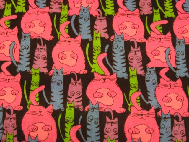 Cats Fat Thin Pink Blue Green Purple Whimsical BLACK Cotton fabric by the yard