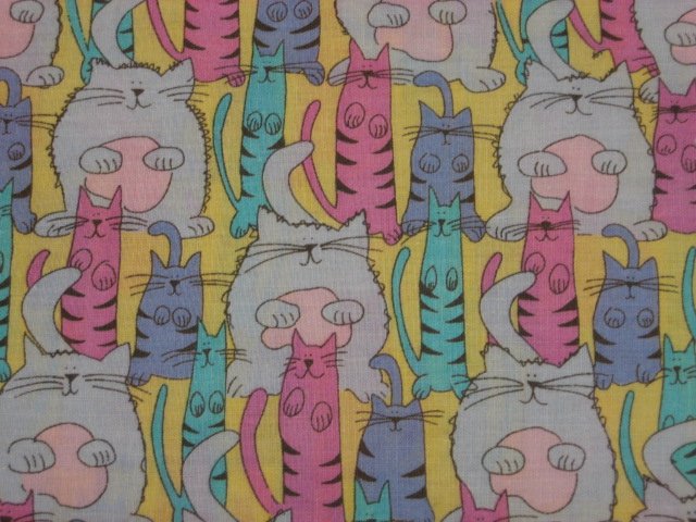 Cats Fat Thin Pink Bluegreen Purple Whimsical YELLOW Cotton fabric by the yard
