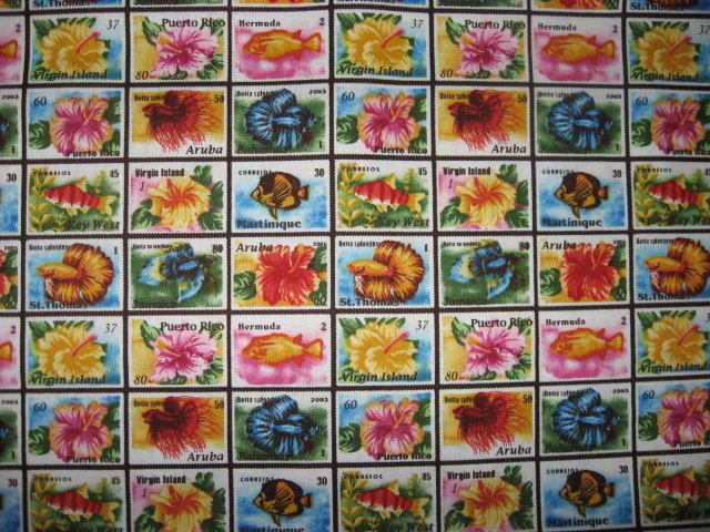 Image 1 of Tropical Floral Stamps of Aruba Bermuda Puerto Rico cotton fabric Last  yard 