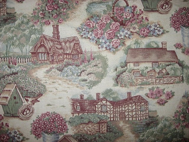 Enchanted Country cottages houses and flowers cotton Fabric 