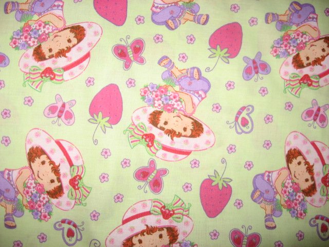 Image 0 of Strawberry Shortcake Berries Butterflies Flowers green cotton Fabric