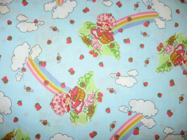 Image 0 of Strawberry Shortcake Rainbows Berries clouds blue cotton Fabric rare