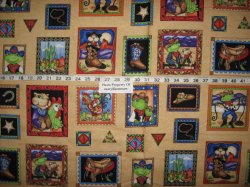 Thumbnail of Southwest cowboys Frogs Roosters Prairie Dogs beige fabric by the yard