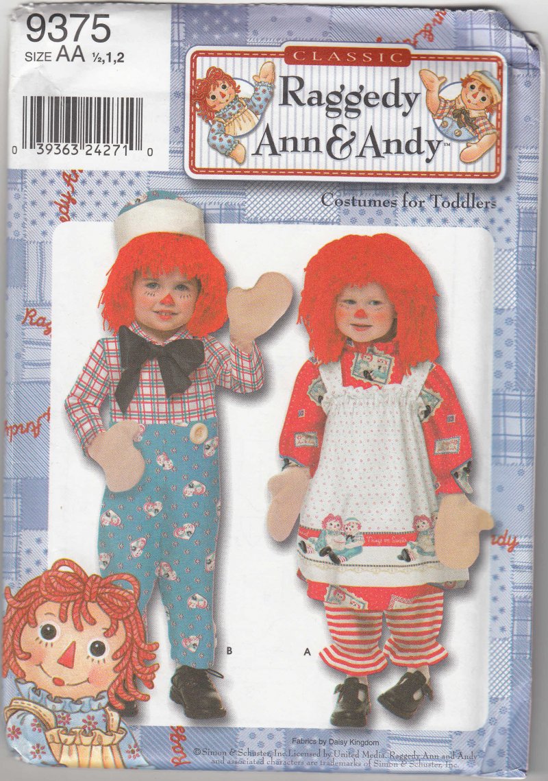 Image 0 of Simplicity sewing Pattern 9375 Costume Raggedy Ann Andy Toddler Child sz 1/2- 2 
