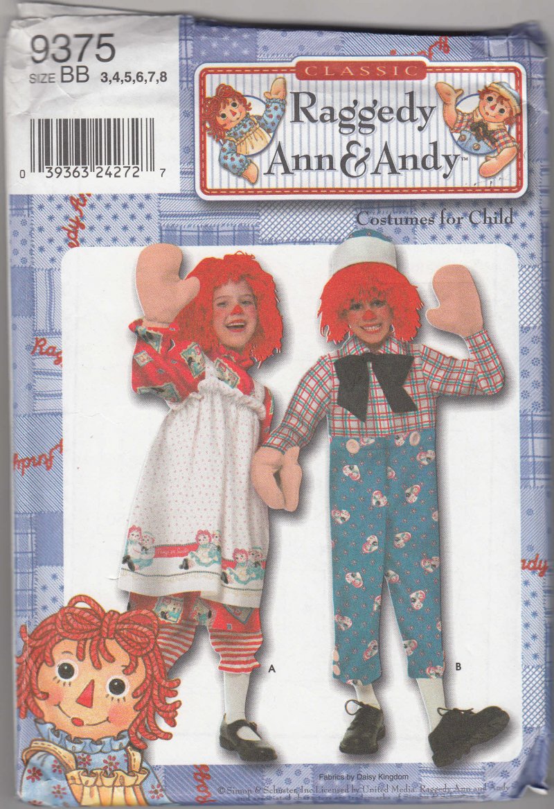 Simplicity Pattern Costume Raggedy Ann and Andy S 9375 Child sz 3 to 8 RARE 