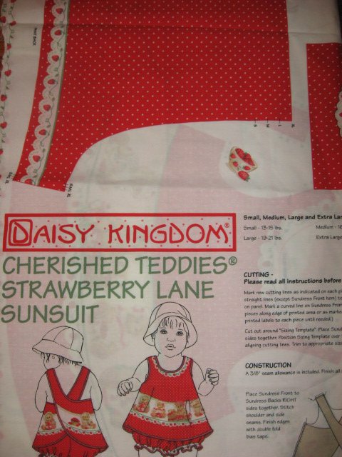 Daisy Kingdom Cherished Teddies Strawberry Lane Sunsuit Fabric Panel sew 1999