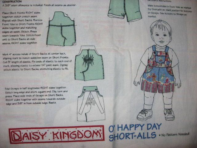 Daisy Kingdom Boy Toddler Short-Alls Fabric Panel to sew