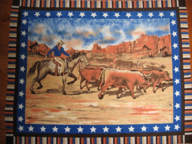 Cowboy with Horse and Cattle Stars border Child bed size Fleece blanket throw