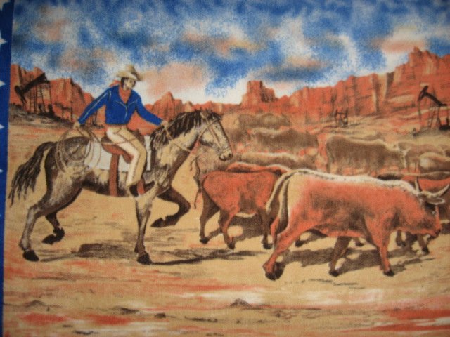Image 1 of Cowboy with Horse and Cattle Stars border Child bed size Fleece blanket throw
