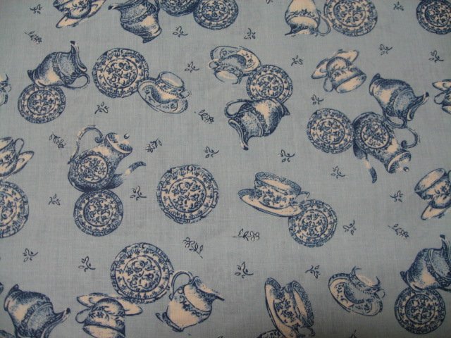 Dishes cups teapot creamers Blue toile quilt cotton 58 wide Fabric by the yard 